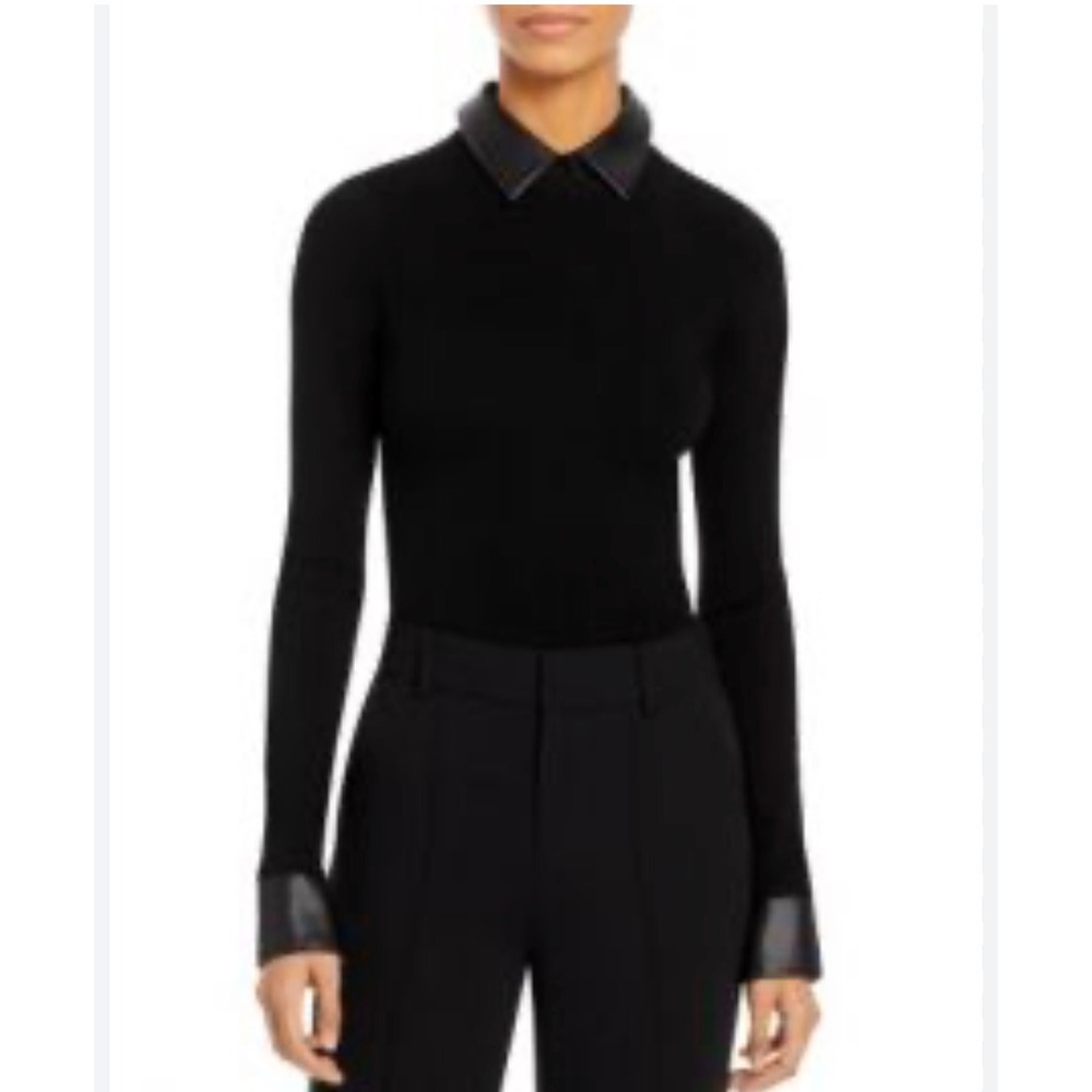 La Vila Milano Black Sweater L Faux Leather Collar Cuffs Quiet Luxury Top